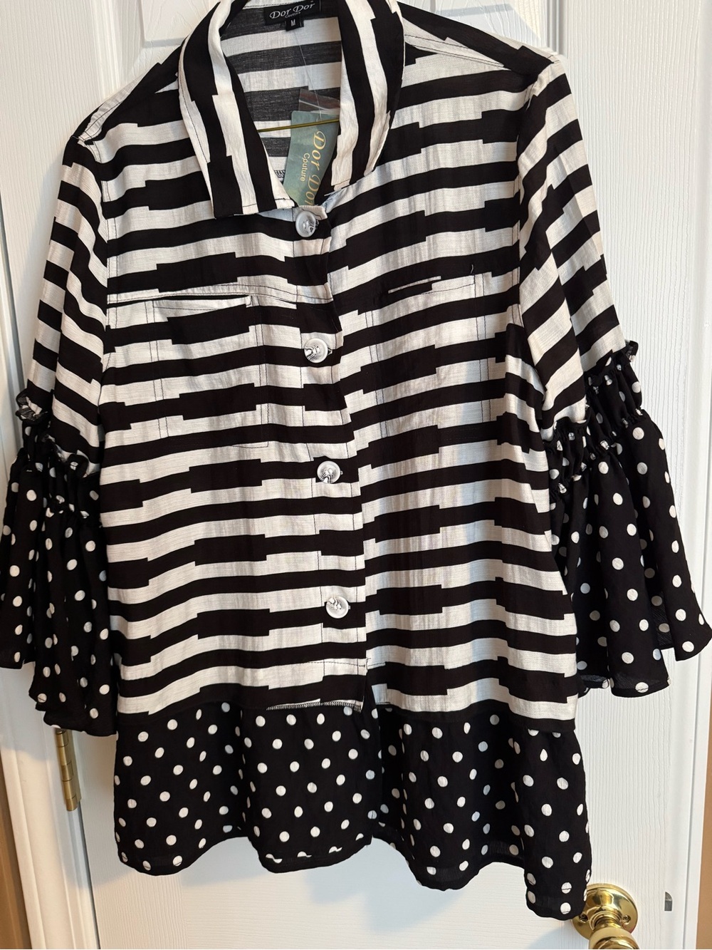 Dotted & Striped Black and White Button-Front Blouse by Dor Dor